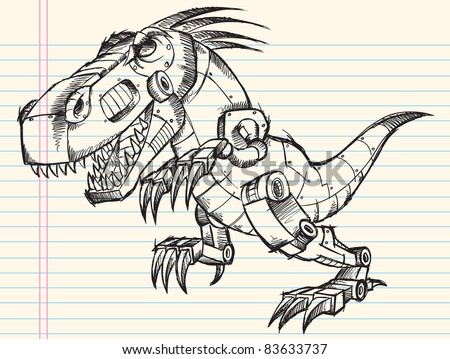 stock vector Doodle Sketch Robot Tyrannosaurus Dinosaur Vector 