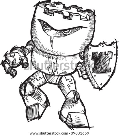 Doodle Sketch Cyborg Robot Chess Rook Warrior Vector Art Drawing Illustration