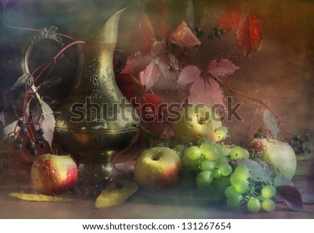 Still-life with a jug, a bright beautiful bouquet with a graceful jug both a ripe apple and juicy grapes