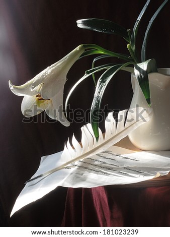 Still-life with a lily, a white fragrant gentle fine lily in a white jug both the unfinished letter and a feather for the letter ink