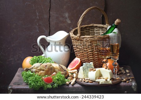 Still-life with cheese, chicken and white wine