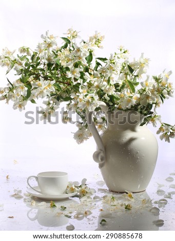 Cup of tea and jasmin bouquet in a ceramic vase on a white background