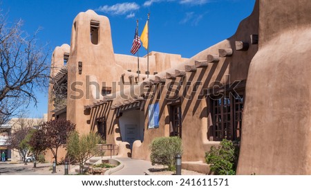SANTA FE, NEW MEXICO, USA, April, 4, 2014: Exterior view of the New Mexico Museum of Art, downtown, Santa Fe, New Mexico