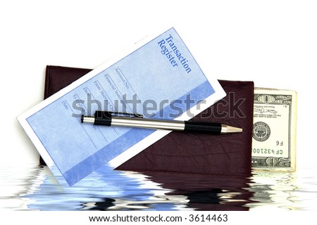 A Check book, transaction register and some money against a white background