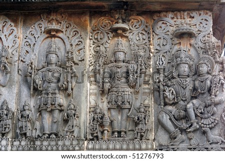 Ancient sculptures in ruins at an indian temple