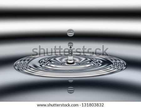 Water drops bouncing off water surface leaving rings of ripples on the water surface, which reflects a zebra-like striped background pattern. Digitally generated from a three dimensional model.