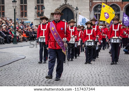 BRUGES, BELGIUM - MAY 17: Annual Procession of the Holy Blood on Ascension Day. Locals perform an historical reenactment and dramatizations of Biblical events. May 17, 2012 in Bruges (Brugge), Belgium