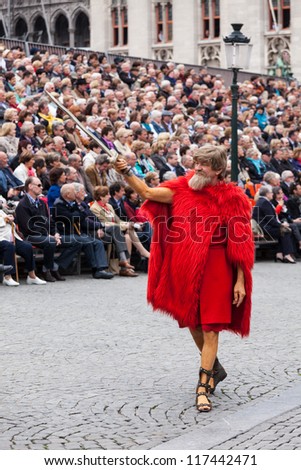 BRUGES, BELGIUM - MAY 17: Annual Procession of the Holy Blood on Ascension Day. Locals perform  dramatizations of Biblical events - Esau character. May 17, 2012 in Bruges (Brugge), Belgium