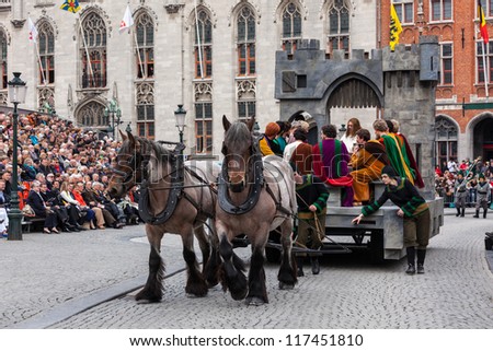 BrUGES, BELGIUM - MAY 17: Annual Procession of the Holy Blood on Ascension Day. Locals perform  dramatizations of Biblical events - the Last Supper. May 17, 2012 in Bruges (Brugge), Belgium