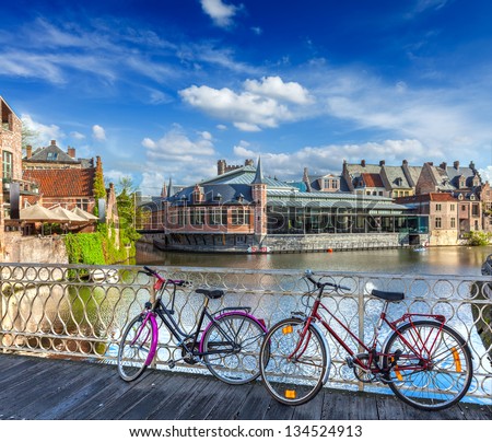 Bicycle is very common and popular transport in Europe. Bicycles in european town street. Ghent, Belghium