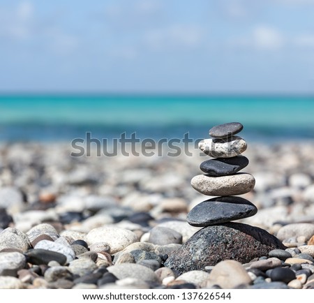 Zen Meditation Background - Balanced Stones Stack Close Up On Sea Beach