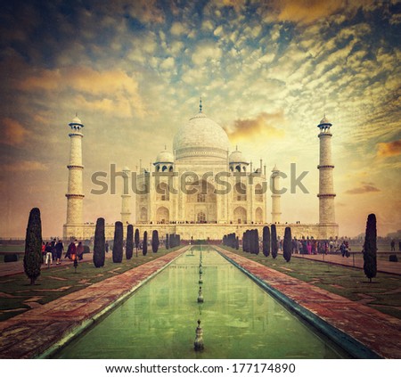 Taj Mahal On Sunrise Sunset, Indian Symbol - India Travel Background. Agra, Uttar Pradesh, India. Retro Vintage Hipster Style Cross Processed