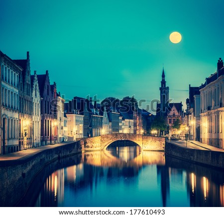 Vintage Retro Hipster Style Travel Image Of European Medieval Night City View Background - Bruges (Brugge) Canal In The Evening, Belgium