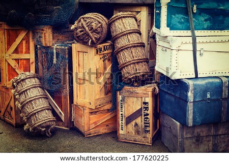 Retro Hipster Style Travel Image Of Vintage Luggage And Crates