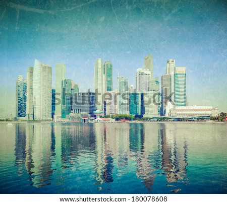 Modern city skyline of business district downtown of Singapore in day  with grunge texture overlaid