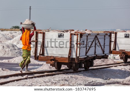 SAMBHAR, INDIA - NOVEMBER 19, 2012: Women mining salt at lake Sambhar, Rajasthan, India. Sambhar Salt Lake is India\'s largest inland salt lake