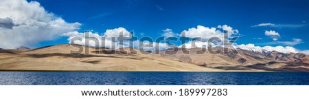 Panorama of Himalayan lake Tso Moriri (official name - Tsomoriri Wetland Conservation Reserve) in Himalayas, Korzok,  Changthang area, Ladakh, Jammu and Kashmir, India