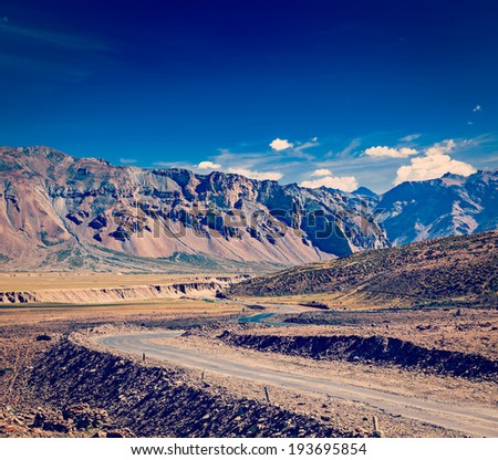Vintage retro effect filtered hipster style travel image of Manali-Leh road to Ladakh in Indian Himalayas near Baralacha-La pass. Himachal Pradesh, India