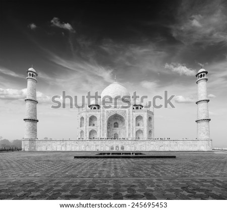 Taj Mahal. Indian Symbol - India travel background. Agra, India. Black and white version