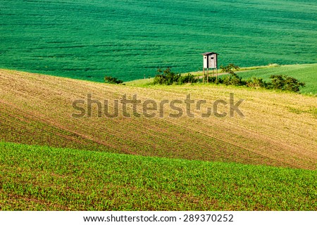 Rural Europe background - Moravian rolling landscape with hunting tower shack on sunset. Moravia, Czech Republic