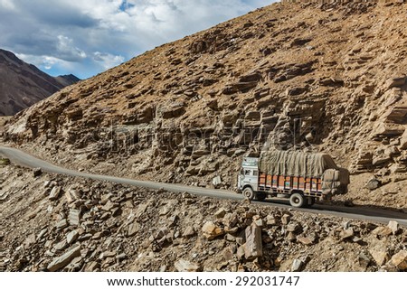 LADAKH, INDIA - SEPTEMBER 2, 2011: Indian lorry truck on Manali-Leh road in Indian Himalayas