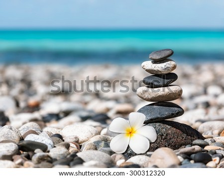 Zen meditation spa relaxation background -  balanced stones stack with frangipani plumeria flower close up on sea beach