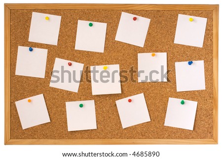 Cork board with pinned white notes isolated on white background
