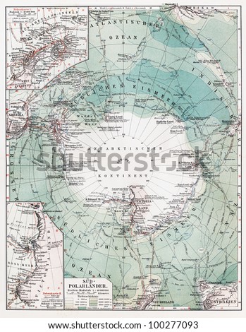 Vintage map of South Pole at the beginning of 20th century - Picture from Meyers Lexicon books collection (written in German language) published in 1908, Germany.