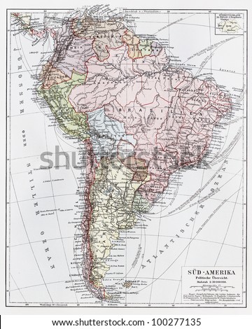 Vintage map of South America, political overview rom the end of 19th century - Picture from Meyers Lexicon books collection (written in German language) published in 1908, Germany.