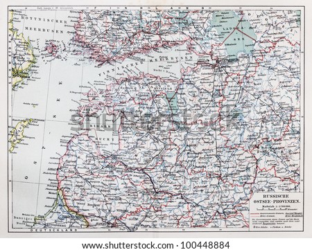 Vintage map of Russian Baltic sea provinces at the end of 19th century - Picture from Meyers Lexicon books collection (written in German language) published in 1909, Germany.
