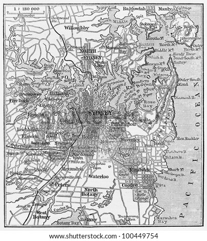 Vintage map of Sydney at the end of 19th century - Picture from Meyers Lexicon books collection (written in German language) published in 1908, Germany.
