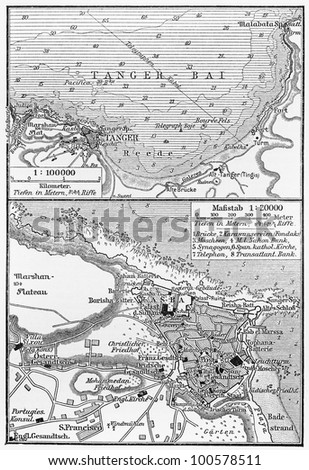 Vintage maps of Tangier at the end of 19th century - Picture from Meyers Lexicon books collection (written in German language) published in 1908, Germany.