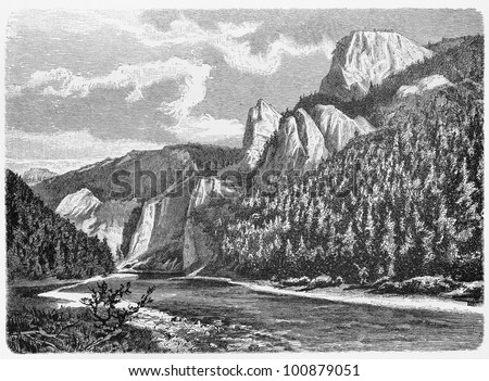 vintage 19th century drawing of a  mountain pass in Carpathian Mountains - Picture from Meyers Lexicon books collection (written in German language) published in 1908, Germany.