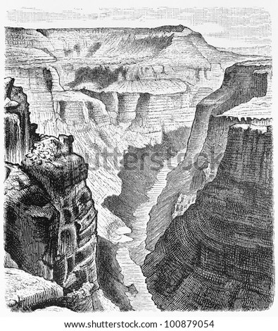 Vintage 19th century drawing of inner gorge of the Grand Canyon (Colorado) - Picture from Meyers Lexicon books collection (written in German language) published in 1908, Germany.