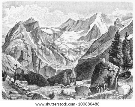 Vintage 19th century drawing of the Hochgall mountains (South Tyrol, Italy) - Picture from Meyers Lexicon books collection (written in German language) published in 1908, Germany.
