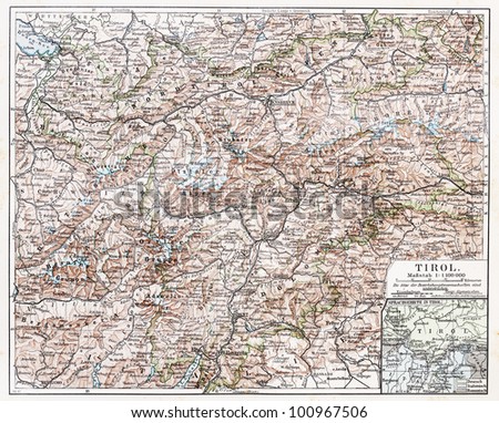 Vintage map of Tyrol state at the end of 19th century - Picture from Meyers Lexicon books collection (written in German language) published in 1908, Germany.