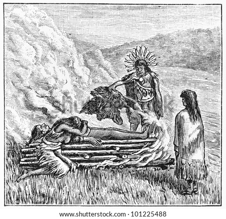 Vintage 19th century drawing of Oregon Tolkotin Indian Cremation Ceremony -  Picture from Meyers Lexicon books collection (written in German language) published in 1908, Germany.