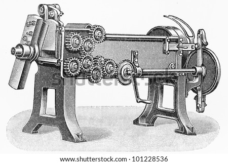 Vintage Tobacco cutting machine with rotating knife from the end of 19th century - Picture from Meyers Lexicon books collection (written in German language) published in 1908, Germany.