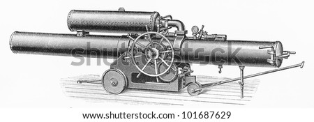Vintage torpedo gun from the beginning of 20th century - Picture from Meyers Lexikon book (written in German language) published in 1908 Leipzig - Germany.