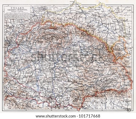 Vintage map of Hungary at the end of 19th century - Picture from Meyers Lexikon book (written in German language) published in 1908 Leipzig - Germany.
