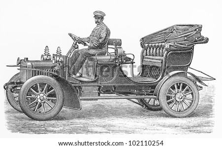 Vintage convertible automobile with 12 HP two cylinder engine - from the beginning of 20th century - Picture from Meyers Lexikon book (written in German language) published in 1908 Leipzig - Germany.