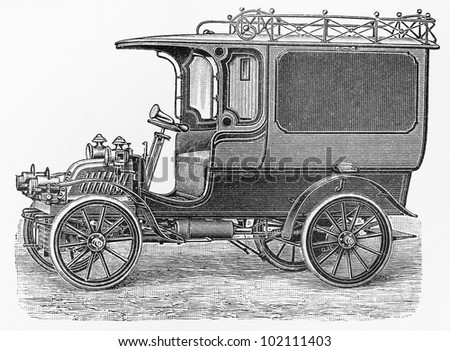Vintage delivery car with 8 HP  one cylinder engine from the beginning of 20th century - Picture from Meyers Lexikon book (written in German language) published in 1908 Leipzig - Germany.