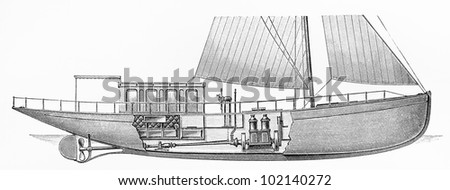 Vintage detailed drawing of a gasoline engine sport yacht from the beginning of 20th century - Picture from Meyers Lexikon book (written in German language) published in 1908 Leipzig - Germany.