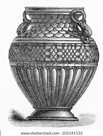 Vintage 19th century old drawing of a  enamelled clay urn - Picture from Meyers Lexikon book (written in German language) published in 1908 Leipzig - Germany.