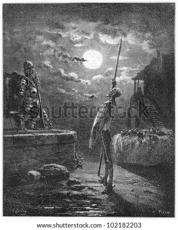 Don Quijote watches over his arms - Picture from The History of Don Quixote book,  published in 1880, London - UK. Drawings by Gustave Dore.