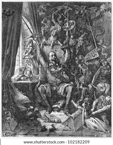 Don Quijote, reading novels of chivalry - Picture from The History of Don Quixote book,  published in 1880, London - UK. Drawings by Gustave Dore.