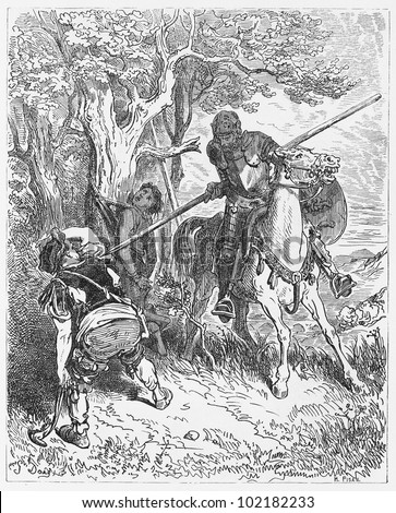 Don Quijote with Juan Haldudo, Andres master - Picture from The History of Don Quixote book,  published in 1880, London - UK. Drawings by Gustave Dore.