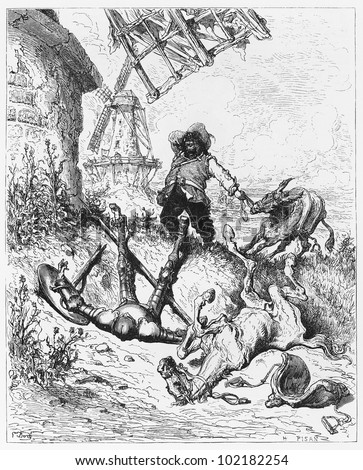 Don Quijote and Rocinante, after the battle with the windmill - Picture from The History of Don Quixote book,  published in 1880, London - UK. Drawings by Gustave Dore.