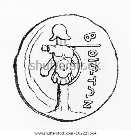 Vintage 19th century drawing of a Trophy (Boeotian coin) - Picture from Meyers Lexikon book (written in German language) published in 1908 Leipzig - Germany.