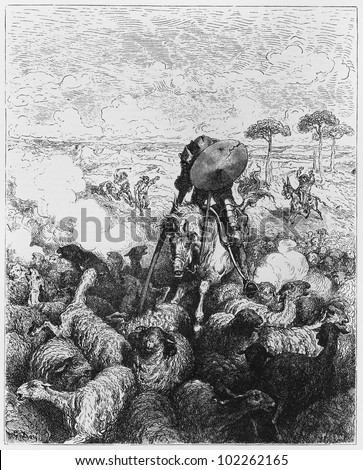 The battle of the sheep herds - Picture from The History of Don Quixote book,  published in 1880, London - UK. Drawings by Gustave Dore.